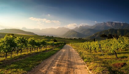Fototapeta premium scenic vineyard landscape with a dirt road and mountains in the background