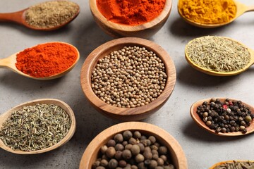 Different aromatic spices on gray textured table, closeup
