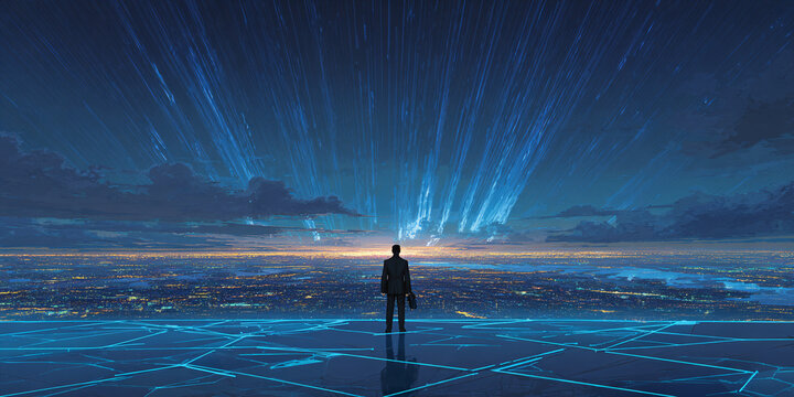 Lone figure gazes at a vast futuristic cityscape illuminated by glowing digital data streams reaching into the night sky