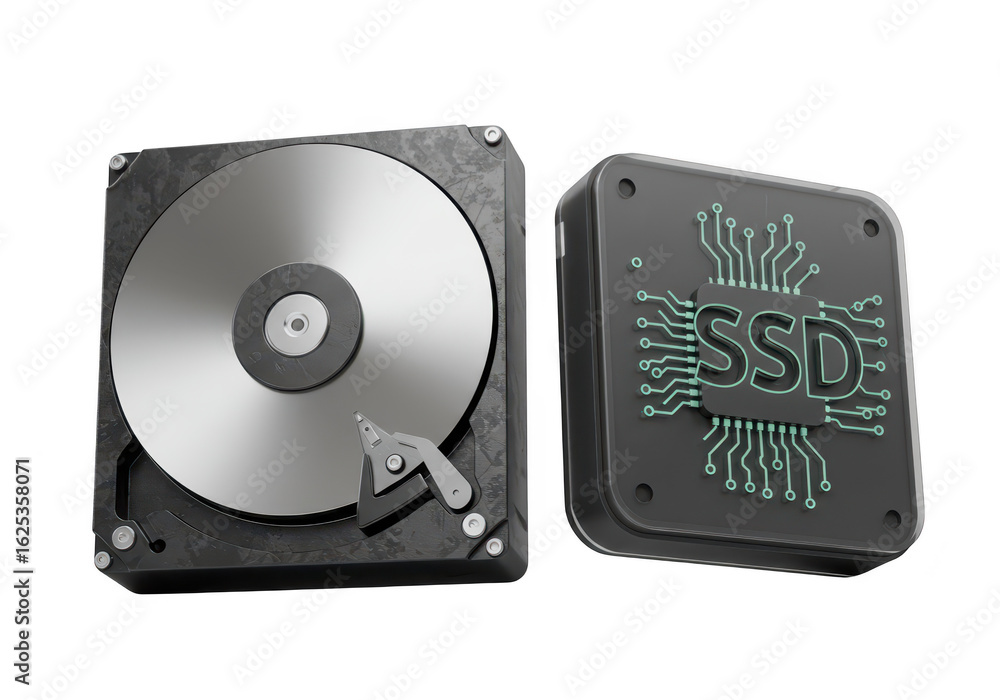 Poster photo of a computer hard drive and ssd are isolated on transparent background, illustrating data sto