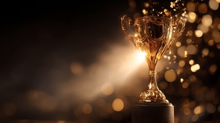 Gold trophy glistens with bokeh for marketing, design. Symbolizes success, award, achievement on a dark background.