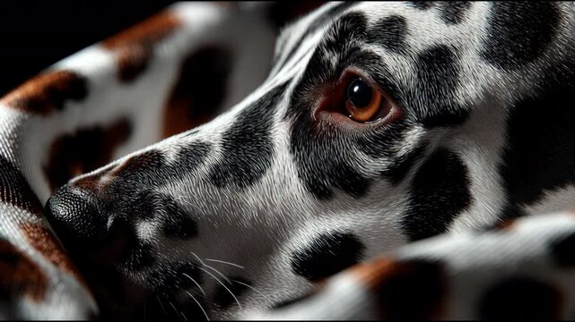 Close-up of Dalmatian Dog Face with Focused Brown Eye and Detailed Black and White Spots on Fur, Relaxed Expression, Soft Lighting Capturing Texture, Perfect for Animal Lovers and Pet-Themed Media