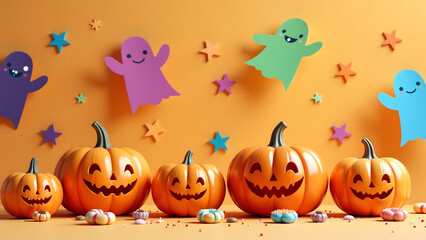 cluster smiling pumpkins candy stars colorful paper cut ghosts adorn vibrant halloween backdrop featuring scattered stars sweet