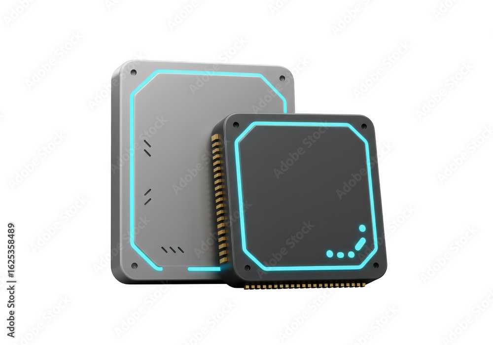 Poster photo of a computer hard drive and ssd are isolated on transparent background, showcasing modern dat