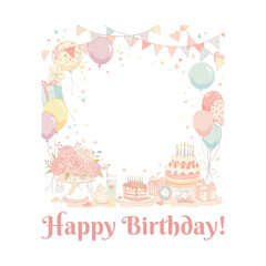 Fototapeta premium Happy Birthday Greeting frame card illustration with gift, cake, balloons, flowers in pastel colors