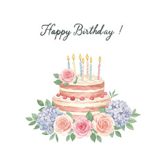 Happy birthday card illustration with birthday cake, flowers and candles on white background