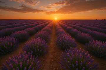 Obraz premium Lavender Fields at Sunset: An ethereal panorama of meticulously cultivated lavender fields stretches to the horizon, illuminated by the vibrant hues of a setting sun.