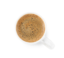 Aromatic coffee in cup isolated on white, top view