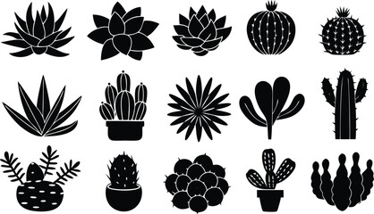 Collection of diverse black silhouette cacti and succulents