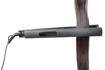 Straightener with brown hair lock isolated on white