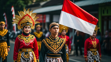 Obraz premium Local community parade with traditional costumes and flag waving