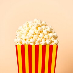 A close up of a container of popcorn with red and yellow stripes on a light beige background