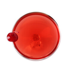 Tasty cherry cocktail in glass isolated on white, top view