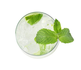Tasty cocktail with lime and ice cubes isolated on white, top view