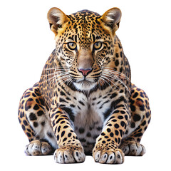 Obraz premium A majestic leopard sits gracefully isolated on transparent background, its striking spots and piercing eyes capturing the essence of this powerful and beautiful wild cat