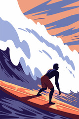 Surfer na fali podczas zachodu słońca, dynamiczna scena sportów wodnych i letniej przygody