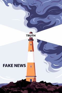 Latarnia morska jako symbol prawdy rozpraszającej fake newsy, walka z dezinformacją i manipulacją w mediach