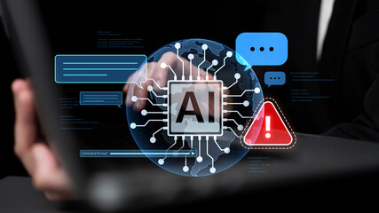 Plakat AI interface showing prompt error warning and system alert. AI prompt failure can lead to incorrect output or hallucination. Managing AI prompt error is crucial in safe AI deployment. Spline