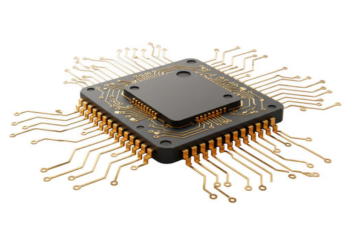 Photo of a 3d rendering of a cpu microchip with gold circuitry, isolated on transparent background, representing computer hardware and technology