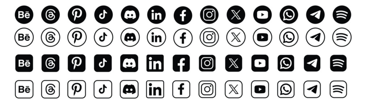 Latest updated social media  icons set 2025 in black & white. Behance, Threads, Pinterest, Tiktok, Discord, LinkedIn , Facebook, Instagram, X, Youtube, Whatsapp, Telegram, Spotify Logo symbol
