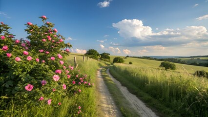 Wild roses growing along a field path under a sunny sky, rural escape