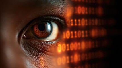 Close-up of an eye, with binary code overlaid.