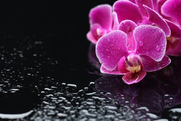 Beautiful orchid flowers with water drops on dark mirror surface, closeup. Space for text