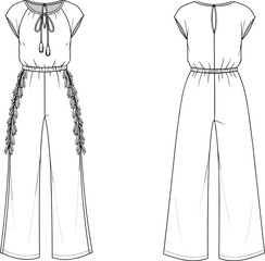 Wide-leg tassel jumpsuit flat sketch with drawstring neckline, elastic waist and back keyhole – fashion CAD illustration