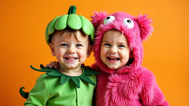 joyful child couple dressed adorable halloween costumes boy green pumpkin attached plastic spines girl