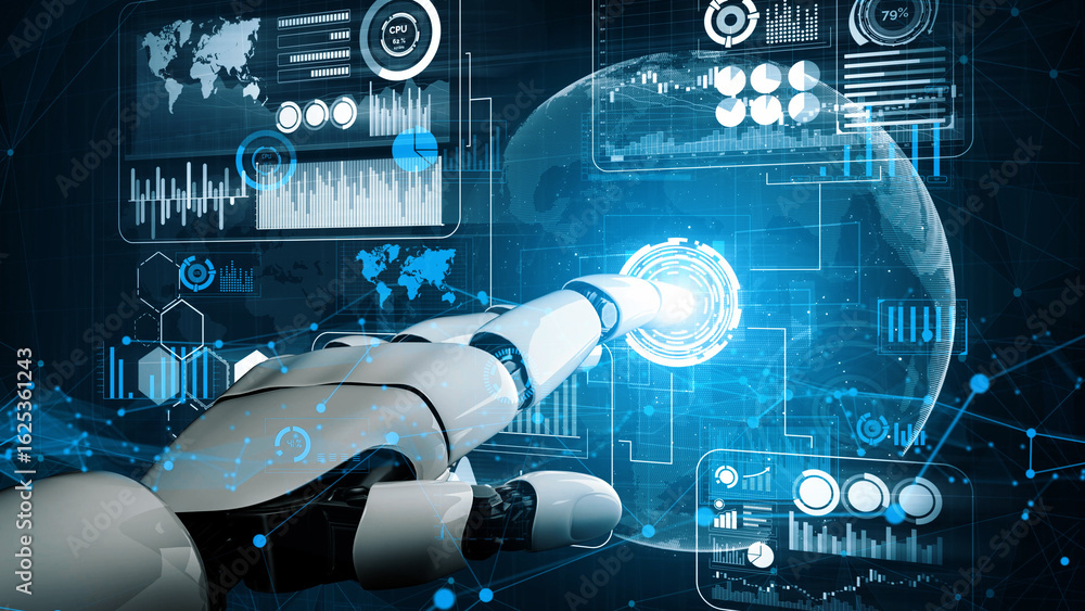 Poster a futuristic robotic hand interacts with glowing digital data, showcasing the synergy between artifi
