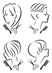 Collection. Silhouette of a cute lady. The girl shows a hairstyle on medium and long hair and scissors. Suitable for logo, hairdresser advertising. Vector illustration set.