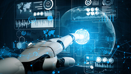 A futuristic robotic hand interacts with glowing digital data, showcasing the synergy between...