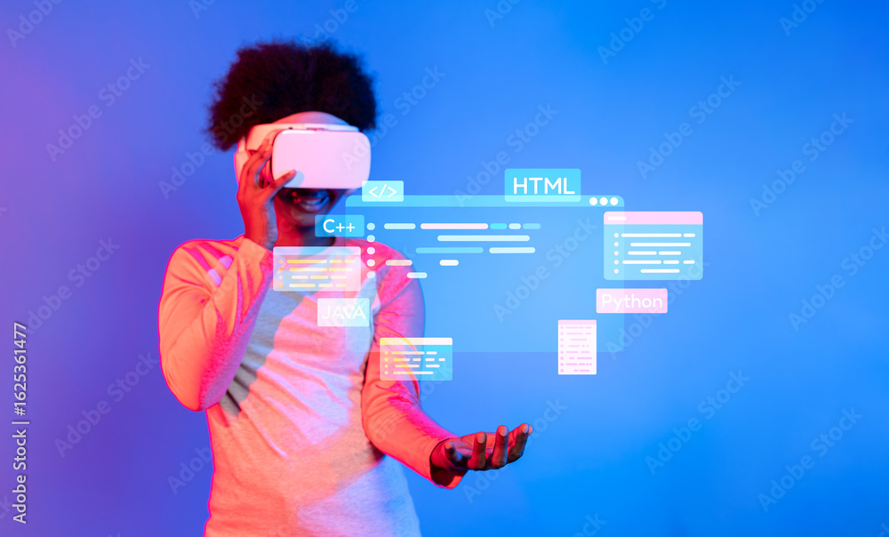 Poster a young programmer interacts with virtual code while wearing a vr headset, showcasing the fusion of 