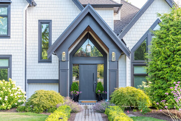 Entrance of luxury house in summer with nice landscape in Vancouver, Canada, North America. Day time on July 2025.