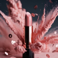 Elegance in Beauty: A visually stunning, close-up of a vibrant lipstick with a delicate pink powder explosion, creating a dynamic and captivating beauty composition.