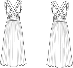 Ruffle strap criss-cross pinafore dress flat sketch, pleated midi fashion CAD drawing vector for girlswear or womenswear design