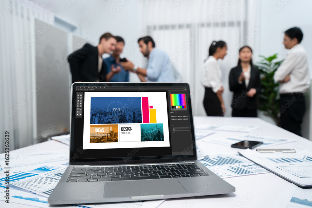 Aufkleber graphic designer software for modern design of web page and commercial brisk ads showing on the comp