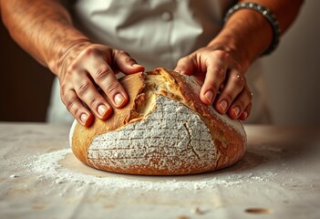 A baker's hands scoring a loaf of sourdough bread