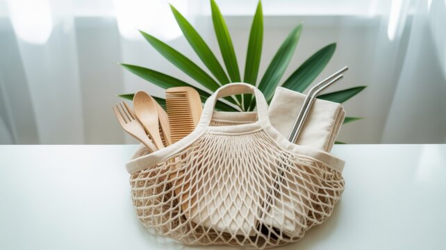 Sustainable Essentials: An eco-friendly mesh bag, brimming with reusable cutlery, a cloth napkin, and a stainless steel straw, rests on a clean surface, adorned with lush palm leaves.