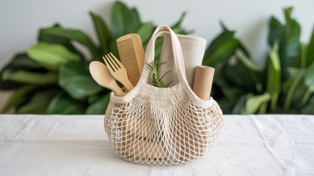 Eco-Friendly Essentials: A close-up shot showcases a reusable mesh bag filled with eco-friendly essentials, promoting sustainable choices and responsible consumption in an elegant composition.