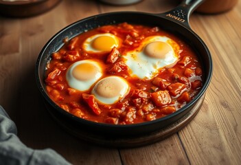 Rustic cast-iron skillet of shakshuka with perfectly poached eggs