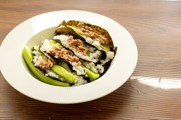 Homemade sushi taco recipe with tuna in close-up