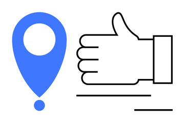Obraz premium Blue location pin alongside thumbs-up line art, symbolizing approval, support, and achievement. Ideal for navigation, feedback, business growth, success, decision-making marketing campaigns simple