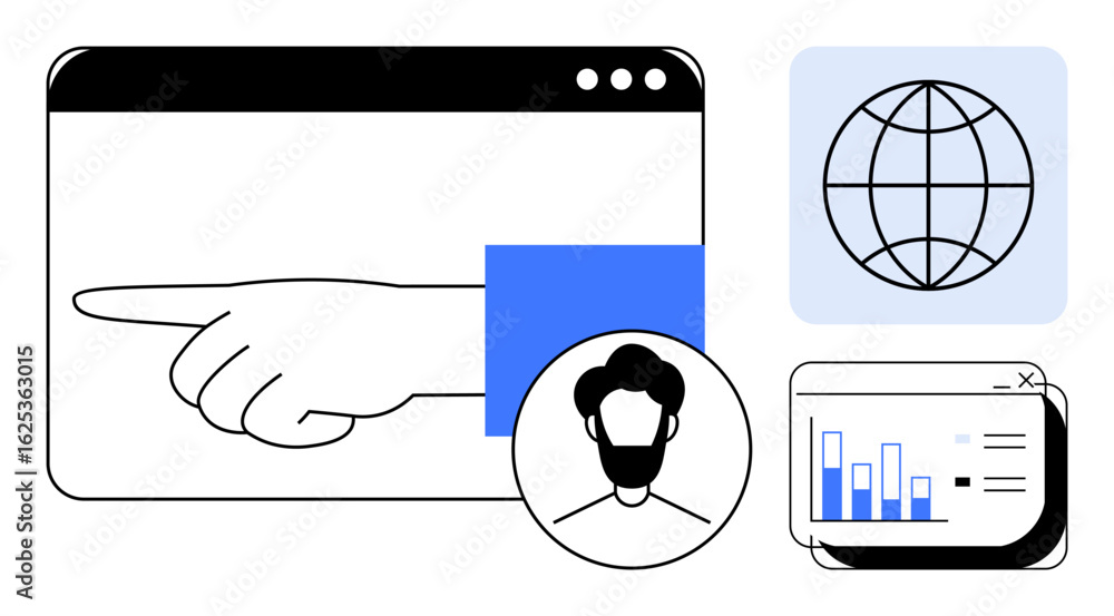 Poster hand pointing in a browser frame, globe representation, user profile avatar, bar chart analytics. id