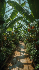Obraz premium Lush botanical garden pathway sunlight streaming through banana leaves and glass roof for tranquil scenic atmosphere
