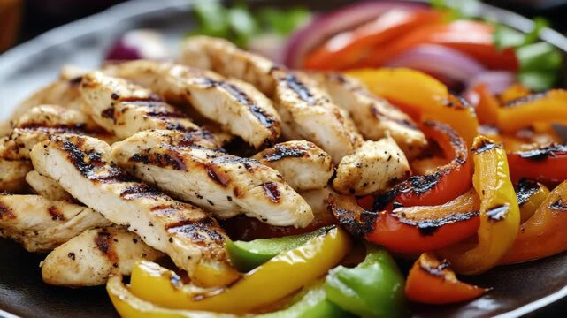 Grilled chicken shawarma garnished with colorful peppers.