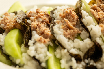 Homemade sushi taco recipe with tuna in close-up