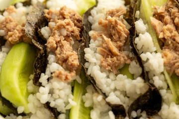 Homemade sushi taco recipe with tuna in close-up