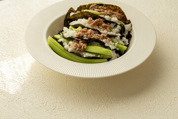 Homemade sushi taco recipe with tuna in close-up