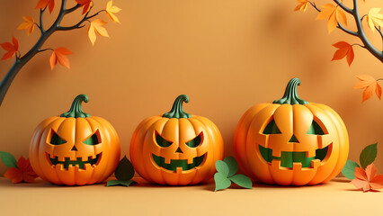 vignette intricately carved orange mischievous green faces warm beige background set amidst autumnal